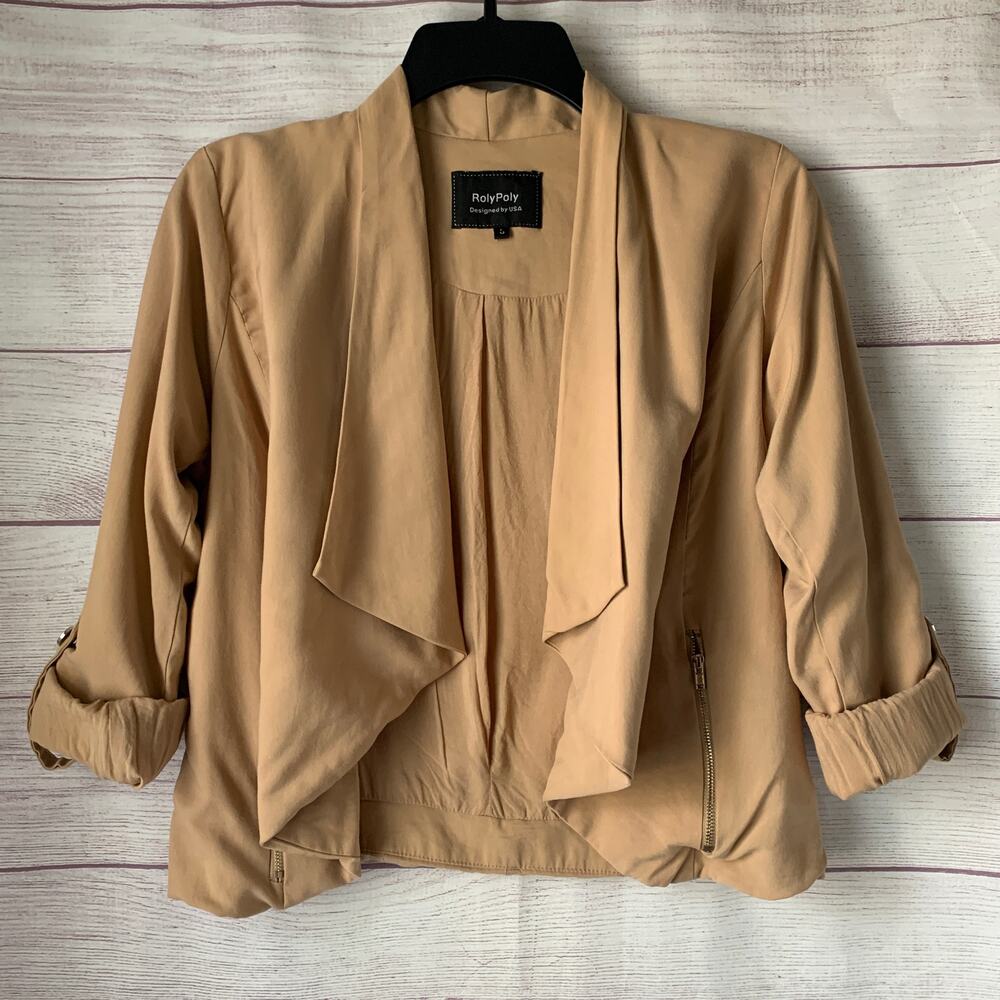 RolyPoly Tan Draped Blazer Jacket Roll Tab Sleeves Zipper Pockets Size S